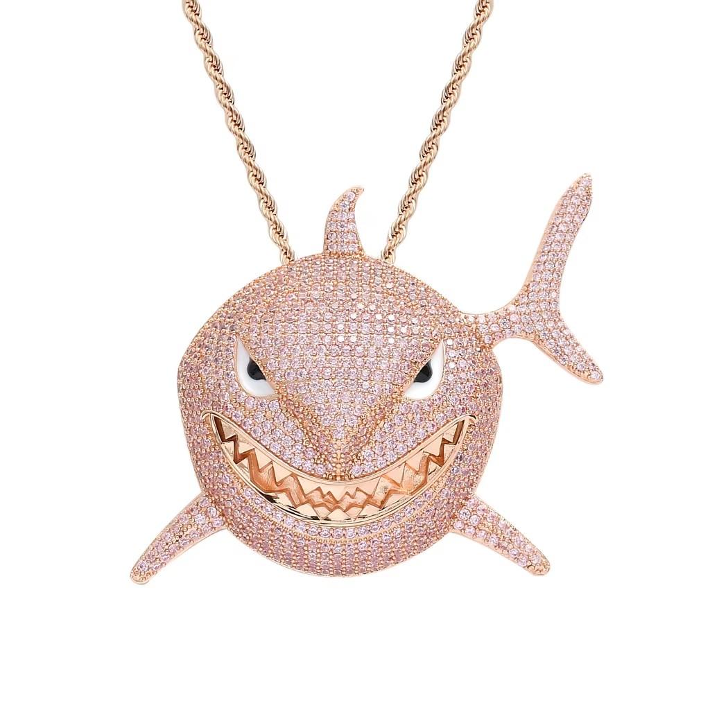 BES Moda Argento Placcato Forma di Squalo Collana con Ciondolo Stile Hip Hop Zircone Iced Out per Anniversario con Catena a Corda