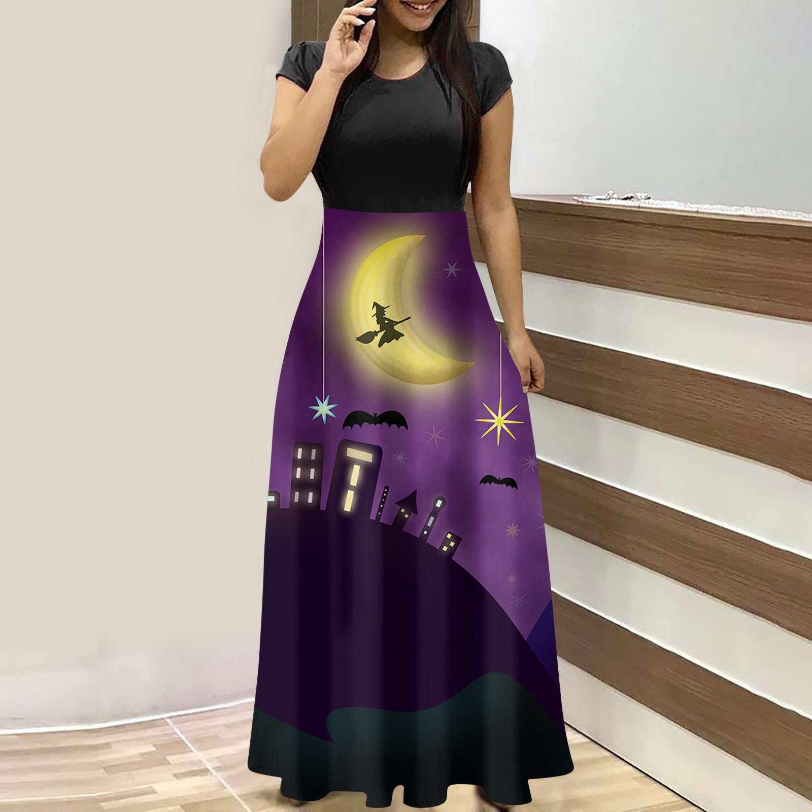 Женское модное платье макси с круглым вырезом и коротким рукавом с принтом на Хэллоуин — фото 8