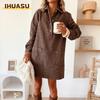 Fashion Spring Autumn Solid Color Print Long Sleeve POLO Neck Casual Dresses