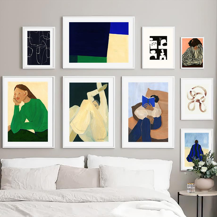 Blue Striped Girl Book Leaves Wall Art Canvas Painting Abstract Posters And Prints Hotel Bar Wall Pictures For Living Room Decor