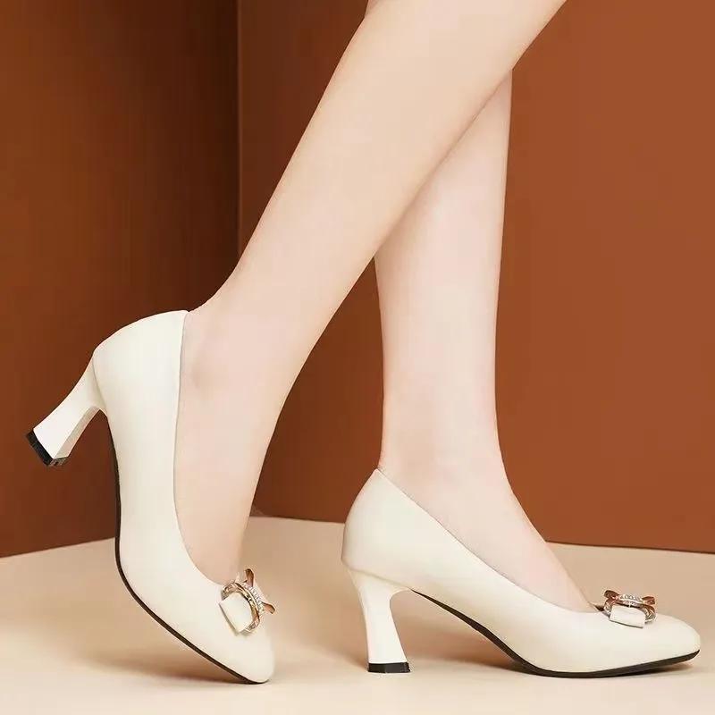 Sapatos Femininas Women Cute Beige High Quality Pointed Toe Slip On High Heel Shoes Lady Black Bow Tie Office Work Pumps Ga389