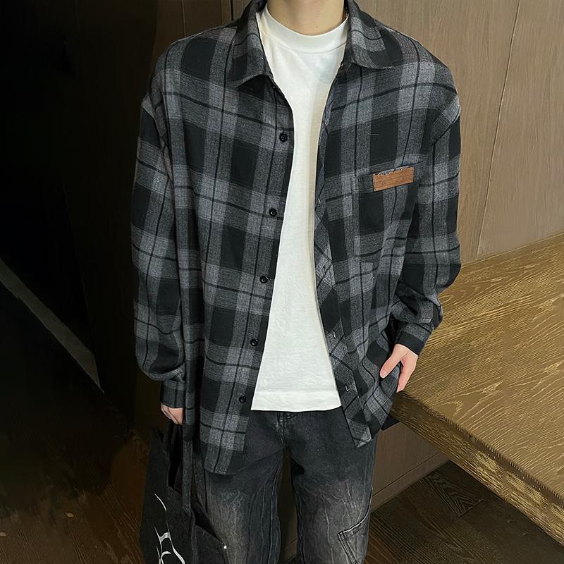 Homlean American Retro Plaid Shirt for Men, Spring And Summer Hong Kong Style Loose Casual Long-Sleeve Shirt Jacket HL09 Coffee Plaid 5XL