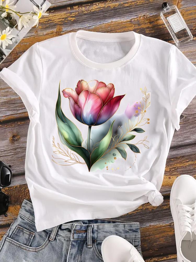 (Asian Size) T-shirts Printed Clothing Lady o-neck Short Sleeve Female Top love heart flower Casual T Shirt Fashion Women Graphic Tee