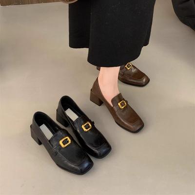 Loafers Women's Coarse Heel Spring and Autumn Single Shoes High Heels One Pedal Lazy Shoes British Medium Heel Mary Jane Small Leather Shoes