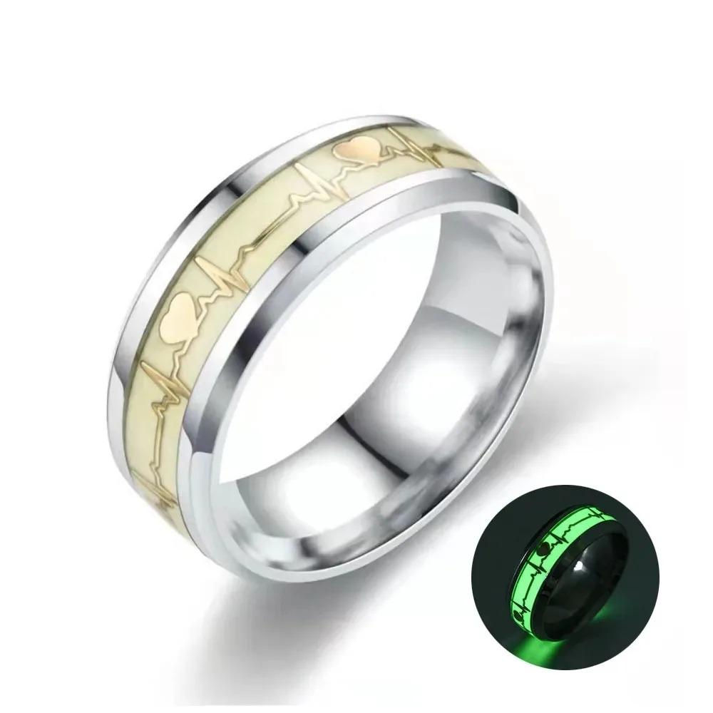 Fashion Heartbeat Luminous Ring for Women Men Fluorescent Rings Heart Glow In Dark Stainless Steel Couple Ring JewelryGift