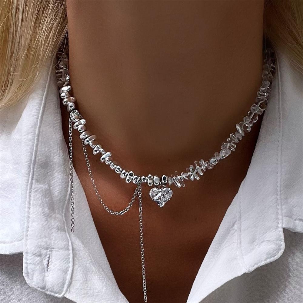 Vintage Silver-plate Geometric Exaggerated Artificial Pearl Chain Necklace For Women Female Fashion Boho Y2K Girl Jewelry Gift