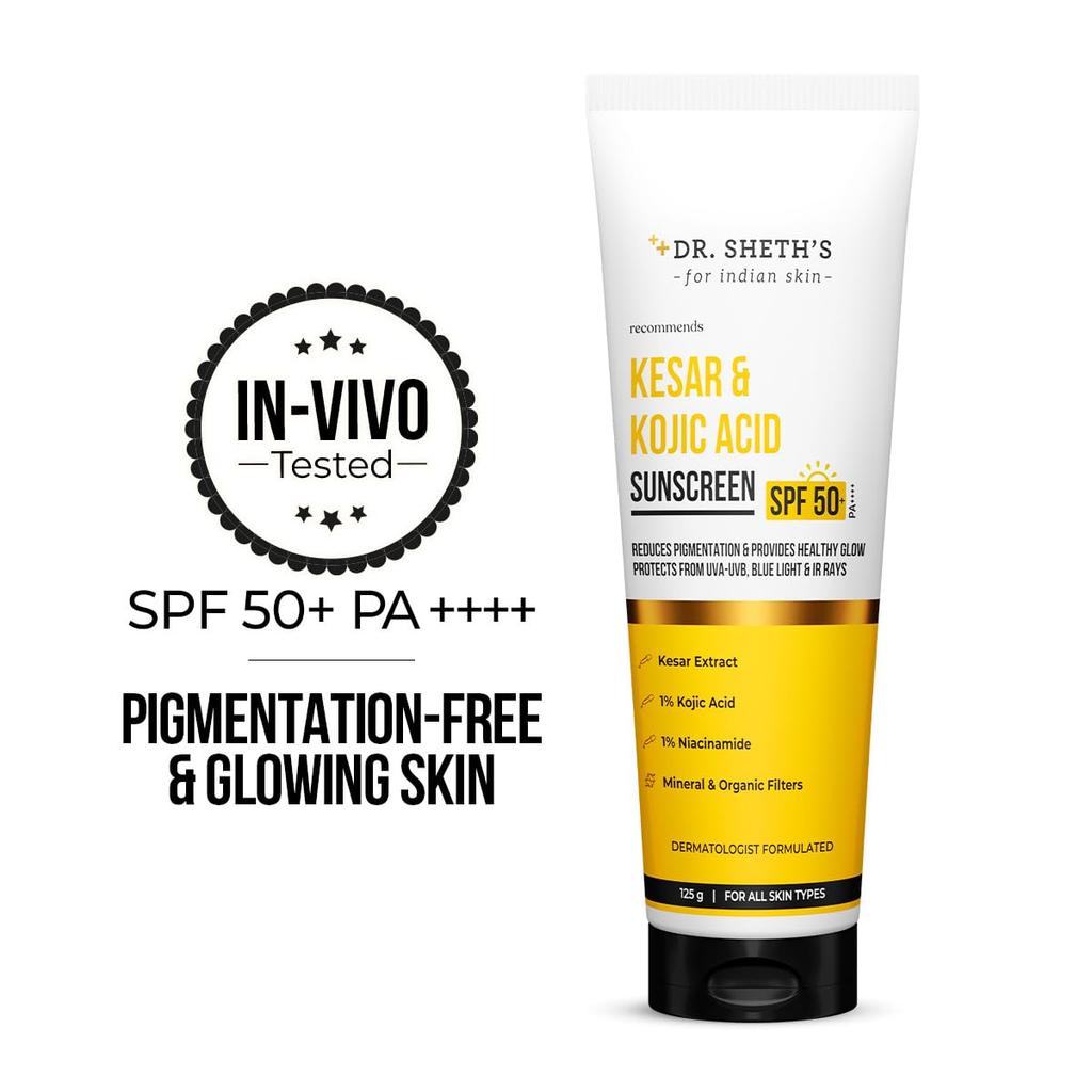Dott. Sheth's Kesar & Acido Kojico Crema Solare SPF 50+ Pa++++ | Con 2% di Acido Kojico | Per Pelle Senza Macchie | Leggera e Non Grassa | Per UVA/UVB