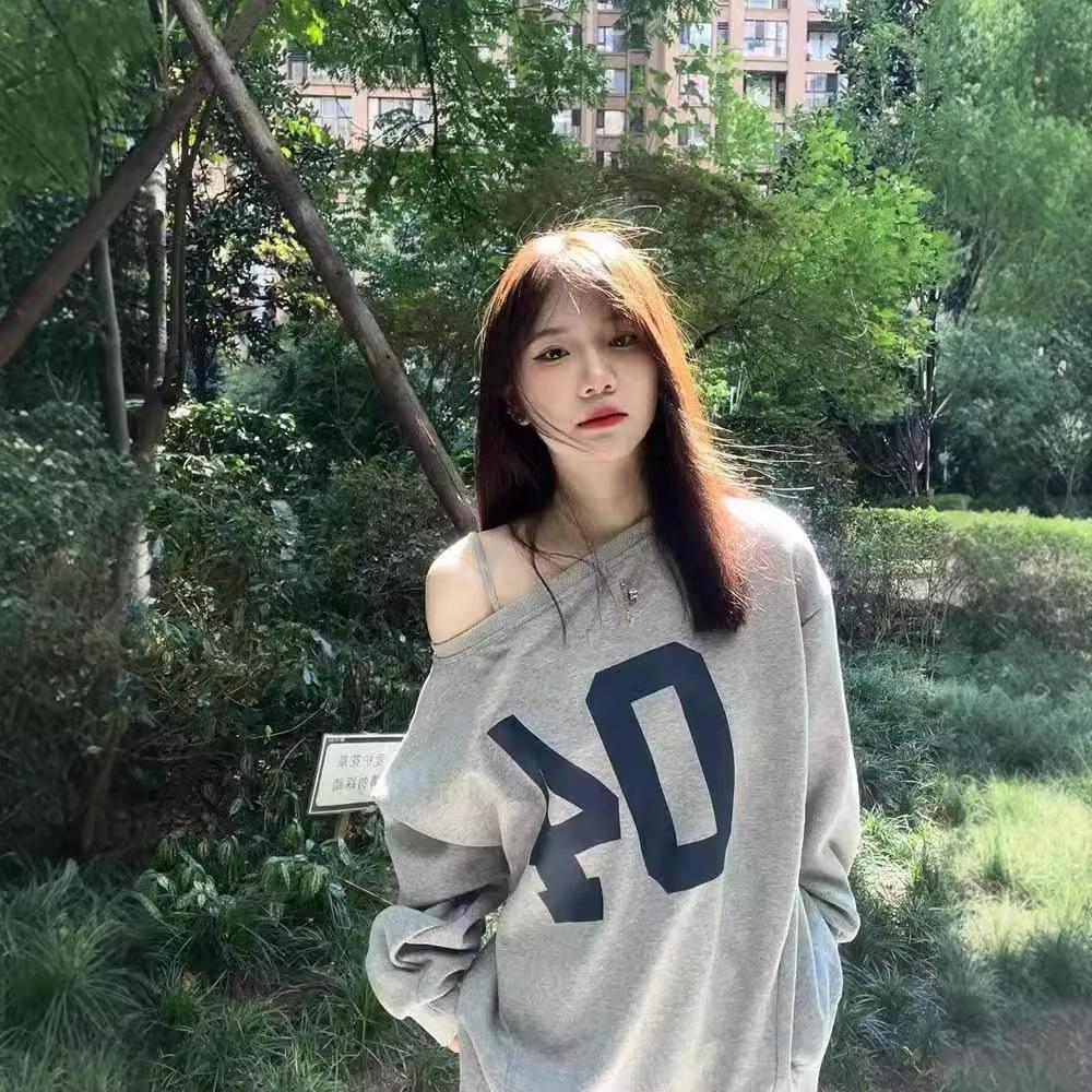 Spice girl slanted shoulder digital design sense long-sleeved sweater women's spring and autumn new pure desire loose off-shoulder top