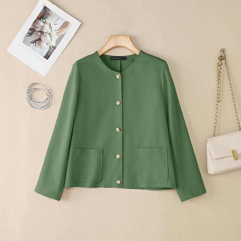 ZANZEA Women Casual Round Neck Loose Long Sleeve Plain Blouse