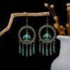 Turquoise Earrings, Bohemian Palm Owl Bronze Engraved Geometric Dream Catcher Feathers Fringed Earrings
