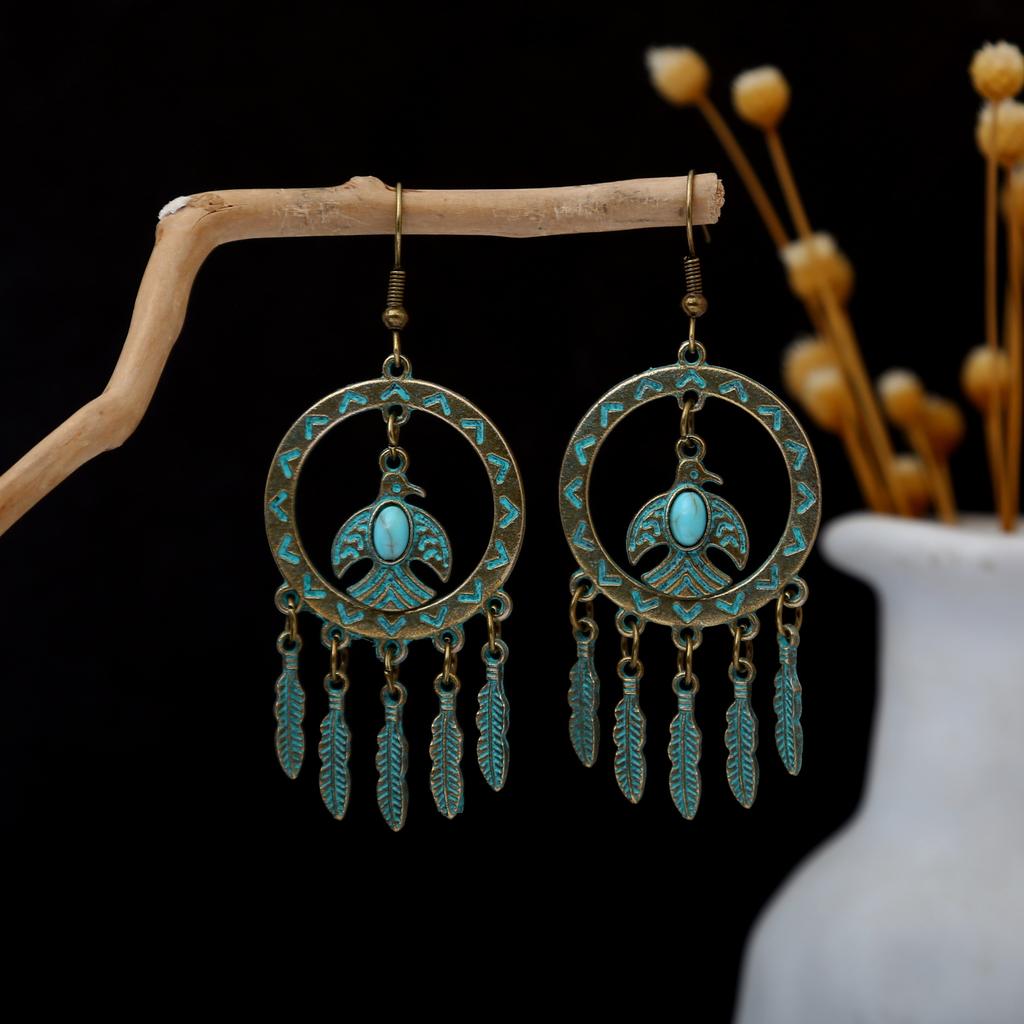 Turquoise Earrings, Bohemian Palm Owl Bronze Engraved Geometric Dream Catcher Feathers Fringed Earrings