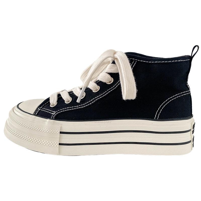 Dikke Bodem Canvas Schoenen Dames Ronde Neus Platte Veters Dubbele Band Veelzijdig Dunne Zool Board Schoenen Ademend Laag Uitgesneden Casual