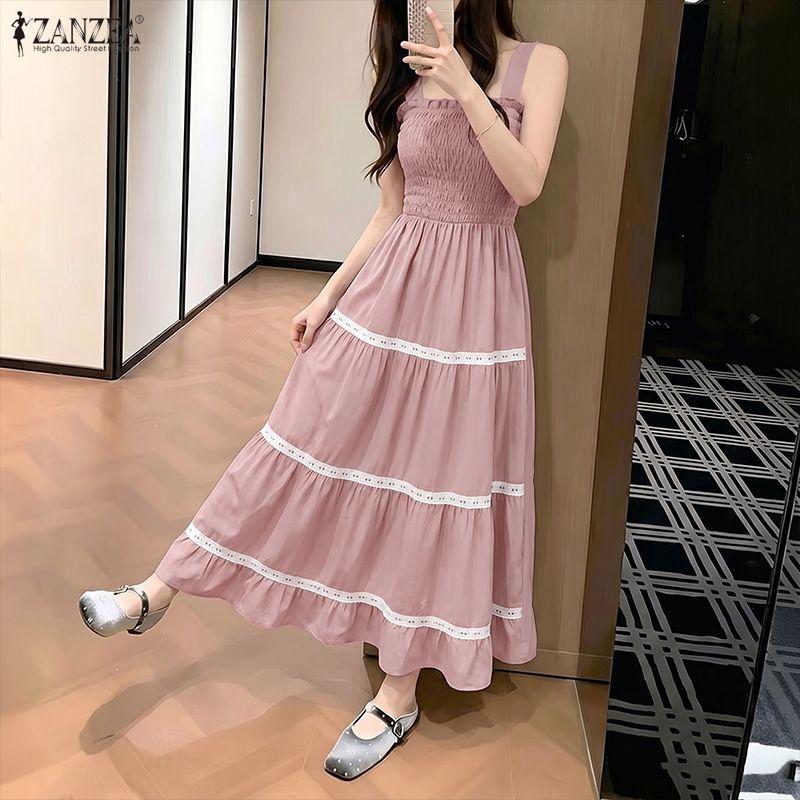 ZANZEA Women Casual Square Collar Loose Summer Sleeveless Long Dress