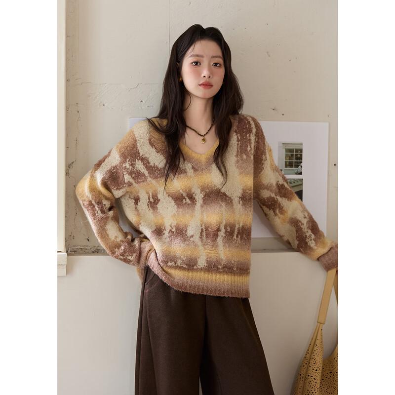 Mishow Women s V-Neck Gradient Cable Knit Sweater M