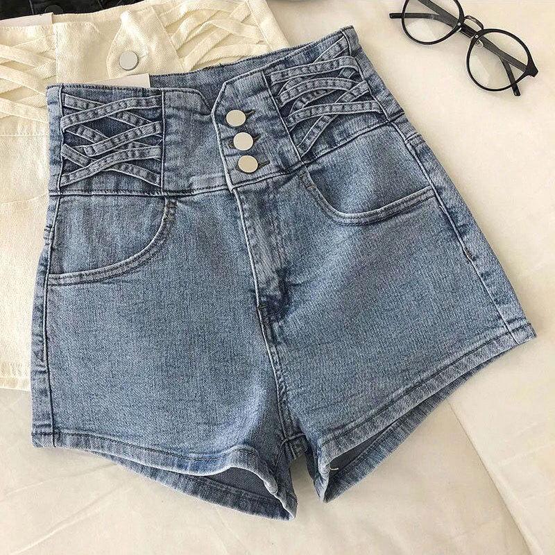 Shorts en jean stretch taille haute pour femme - Fermeture boutonnée Coupe ajustée Jambe droite Pantalon d'été Hot Pants