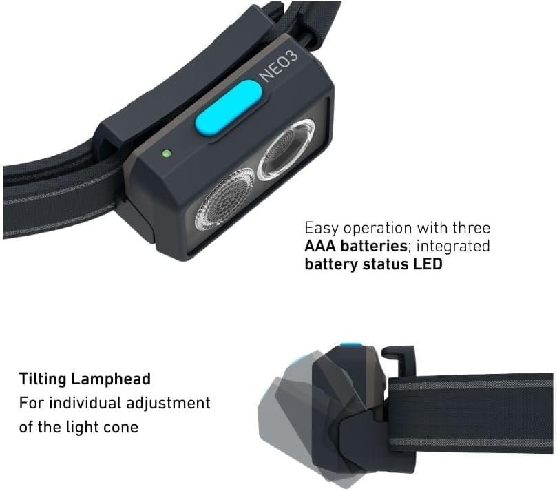 Ledlenser NEO3 LED Perfect for Outdoor Small Headlamp, Black/Blue, Battery-Operated, Lightweight, 97g, Compact, Running, Black/Blue, 502718, [Product