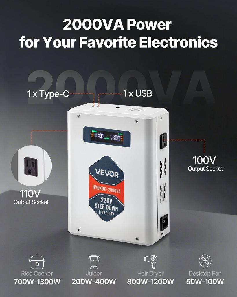 Step Down Voltage Converter, 2000VA, Heavy Duty Voltage Power Converter, 220V To 110V Power Transformer, with 2 US Outlets, USB Output, LCD Display,