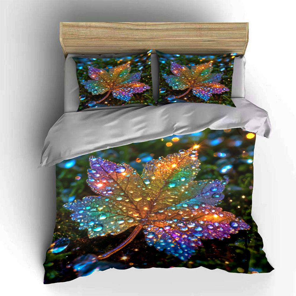 Rainbow Leaf Bedding Set, Magical Colorful Maple Leaf with Dewdrops Print Duvet Cover + 2 Pillowcases, Enchanted Nature Decor