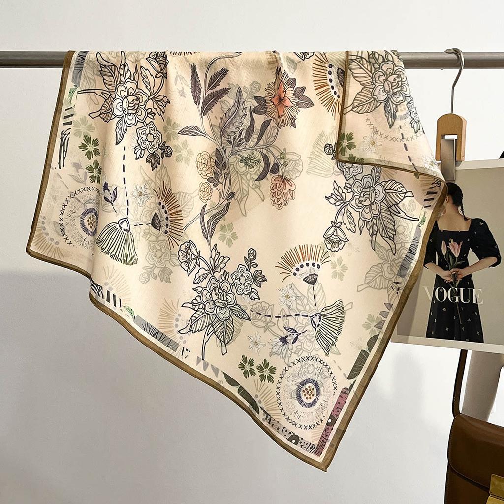 Square scarf with artistic cotton and linen texture, printed shawl, small square scarf, silk scarf, fashionable women's scarf