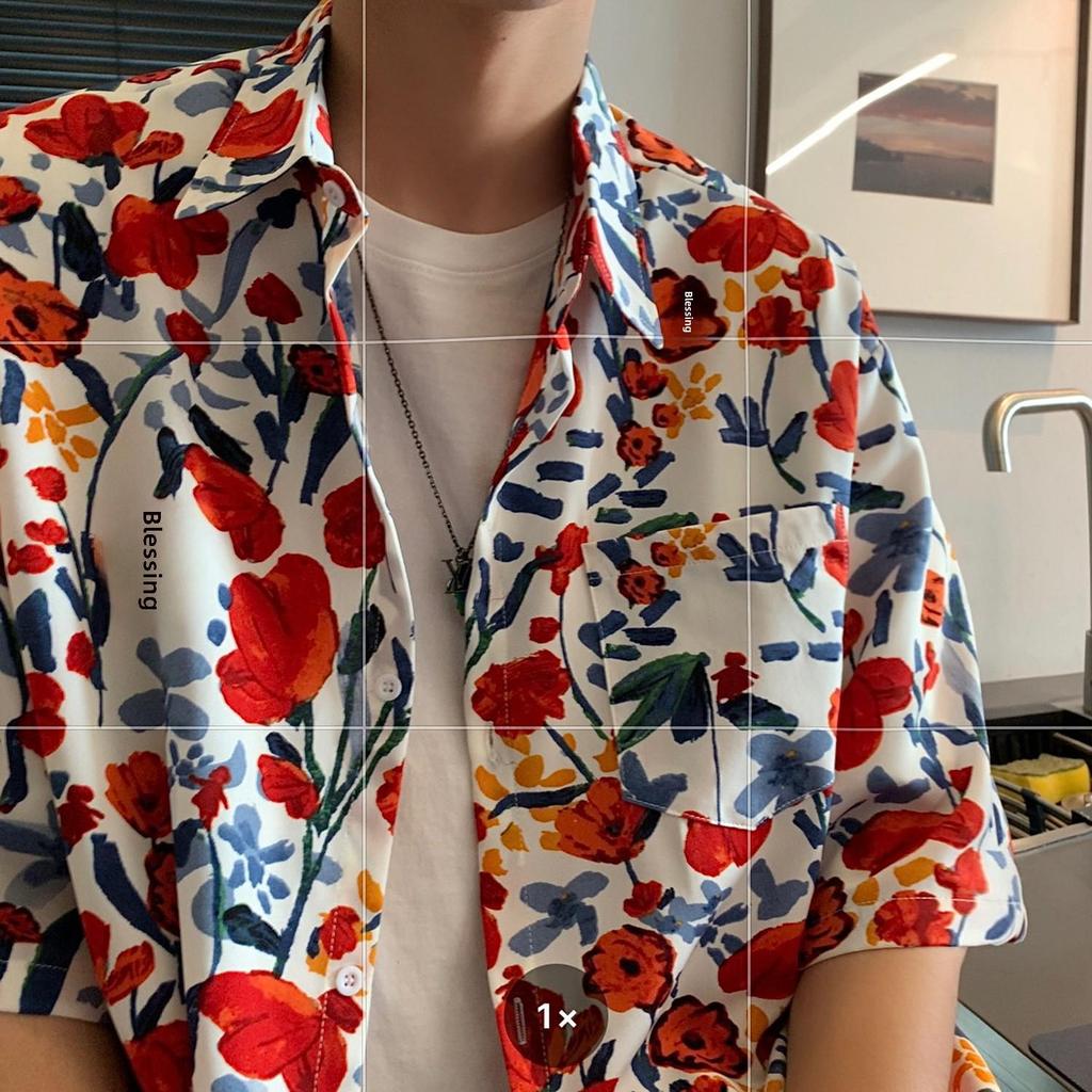 Men's Hawaiian Floral Short-Sleeve Shirt - Trendy, Lightweight, High-End Hong Kong Style Design