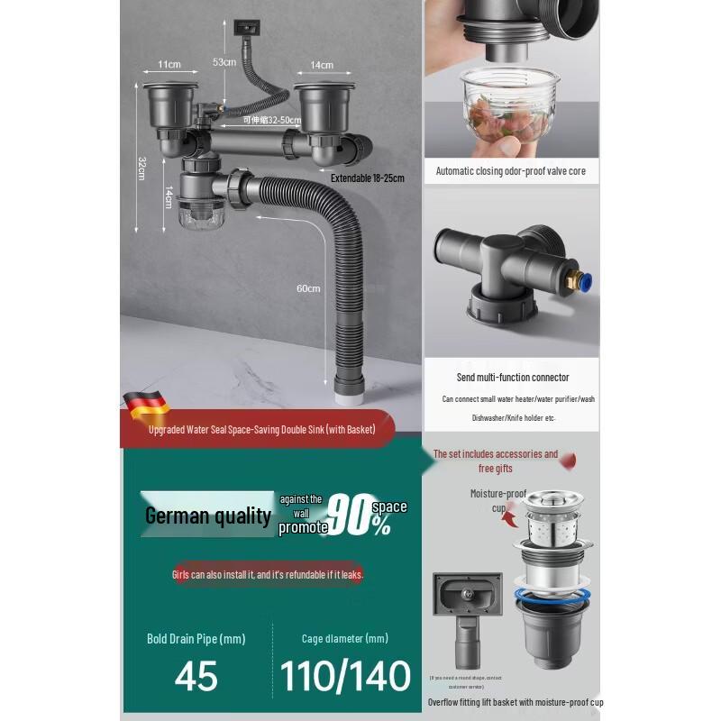 Stainless Steel Double Sink Drain Strainer Kit