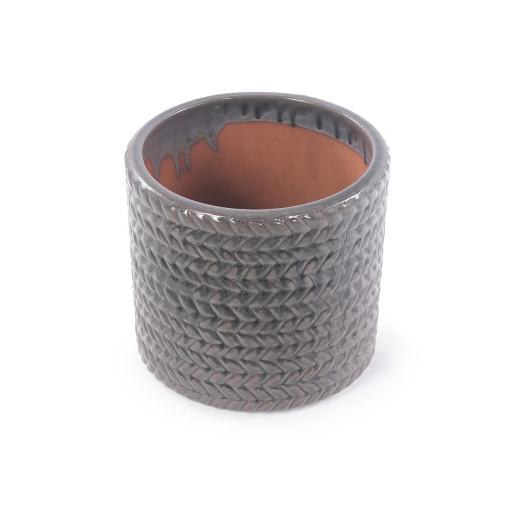 Smaller Single Ceramic Plant Pot diameter 24.5 cm, Glossy Grey with Herringbone Relief