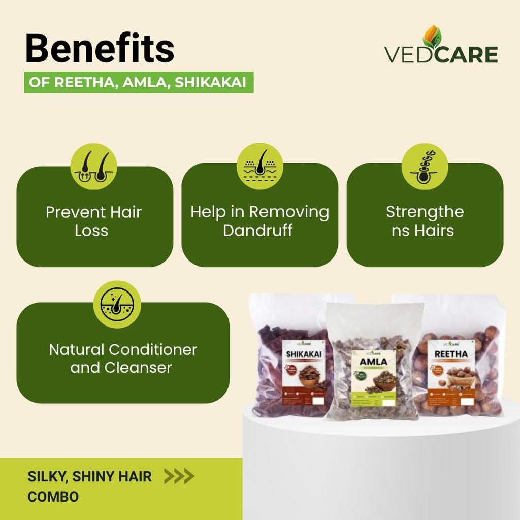 Vedcare Amla Entier Séché, Reetha, Shikakai Forme Brute pour Soin des Cheveux Combo Chaque 100g