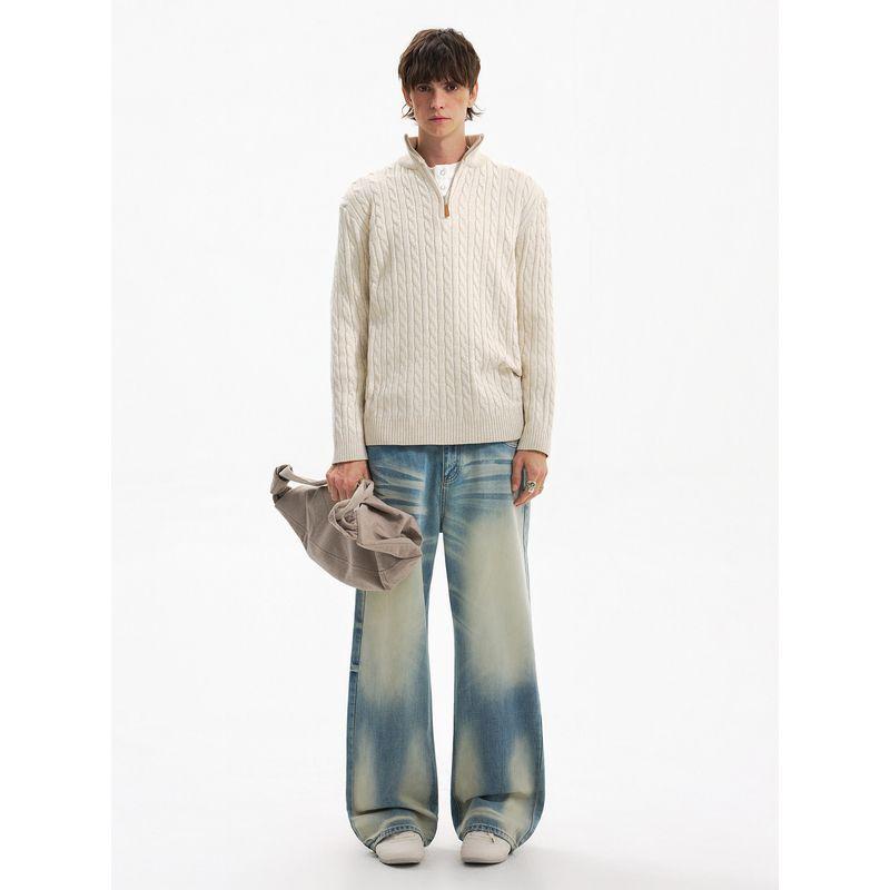 Blaexit American Retro Cable Knit Half-Zip Sweater for Men, Autumn and Winter Casual Lazy Cashmere Base Knitwear