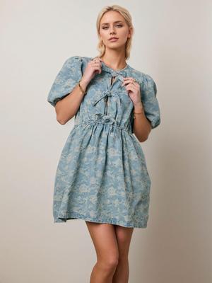 Elegant Blue Puff Sleeve Denim Dress with Floral Drawstring - European & American Style