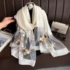 Faux Silk Scarf with Beading Embroidered Crabapple Flower Design Women Versatile Shawl Comfortable Imitation Silk Scarf