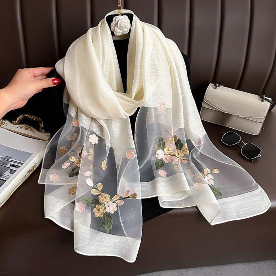 Faux Silk Scarf with Beading Embroidered Crabapple Flower Design Women Versatile Shawl Comfortable Imitation Silk Scarf