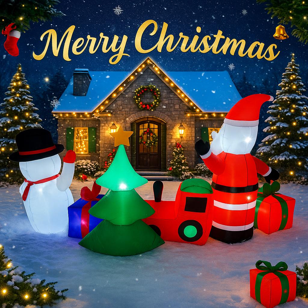 8.85FT Inflatable Santa Snowman Train Gifts Set Toy Yard Lawn Party Decoration Festive Gift LED Lit Supplies Xmas Home Ornament