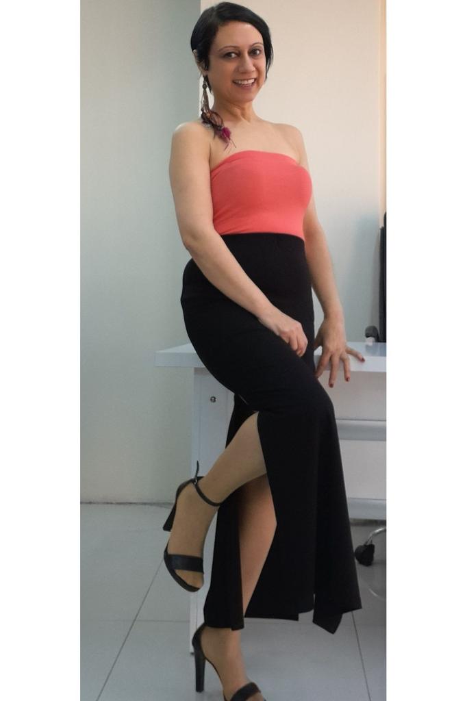 Women's Style Big Size Skirt Black Combed Cotton Viscose Pencil Skirt With Two Side Slits And Elastic Waist