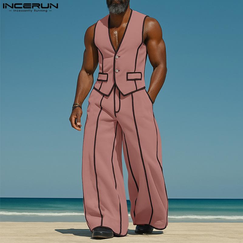 INCERUN 2PCS Men Sleeveless Stitching Waistcoat and Long Pants Outfits Sets