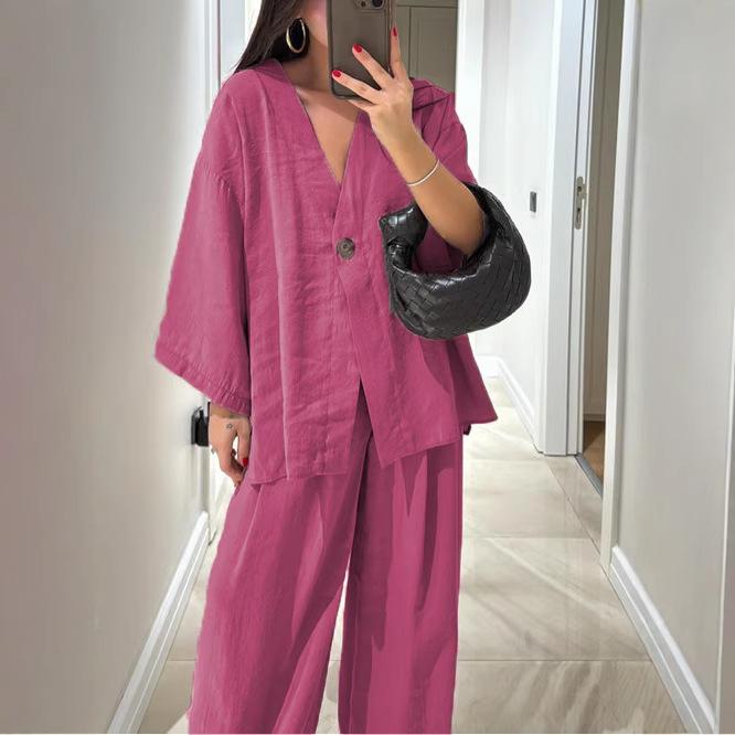 2025 European & American Women's V-neck Top and Wide-leg Pants Set: Casual, Stylish, Loose Fit