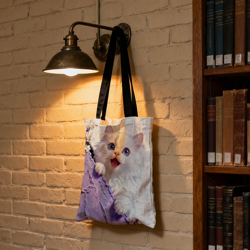 Cute Oil Painting Cat Storage Bags Large Capacity Canvas Bag For Female Students To Hold Books Tote Mommy Bag
