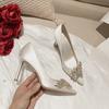 Maogu Satin Rhinestone Crystal Shallow Pumps Stiletto High Heel Luxury Women's Shoe 2024 Spring White Women Bridal Wedding Shoes