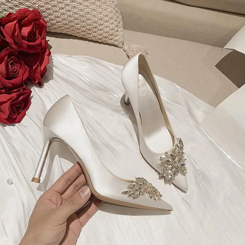 Maogu Satin Rhinestone Crystal Shallow Pumps Stiletto High Heel Luxury Women's Shoe 2024 Spring White Women Bridal Wedding Shoes