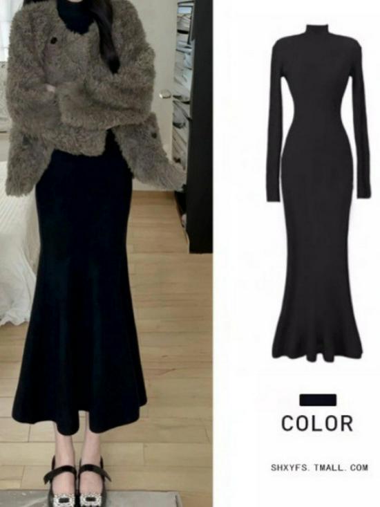 Damska Czarna Dzianinowa Sukienka Rybka z Podszewką ze Sztucznego Futra Lotosowego - Jesień/Zima Dopasowana Długa Spódnica