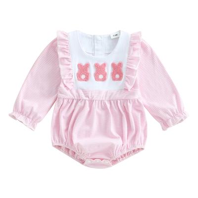 Baby Girls Easter Romper Ruffles Bunny Embroidery Stripe Pattern Long Sleeve Crew Neck Newborn Jumpsuit