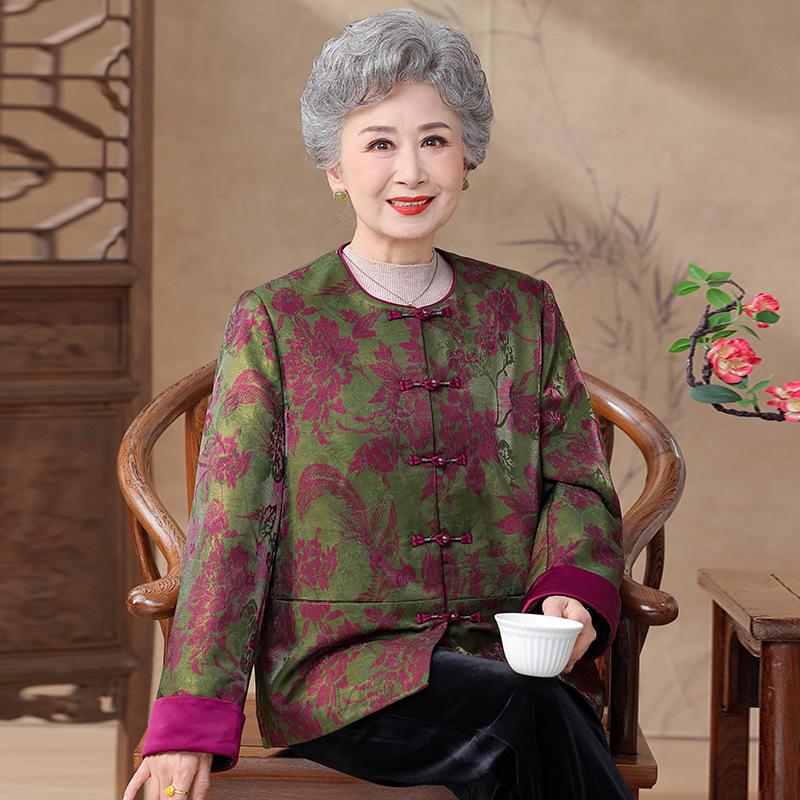 

Spring Floral Wool & Cotton Frog Button Jacket for Middle-Aged and Elderly Women - Loose Plus Size XL [95-110 kg]