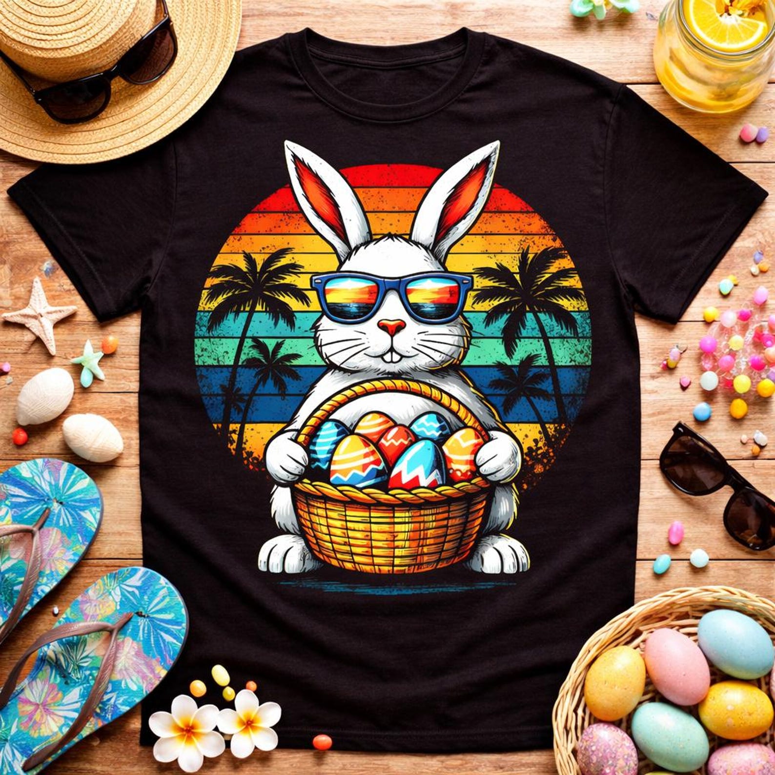 Retro Easter Bunny Sunset Tee, Vintage Easter Egg Basket Shirt M