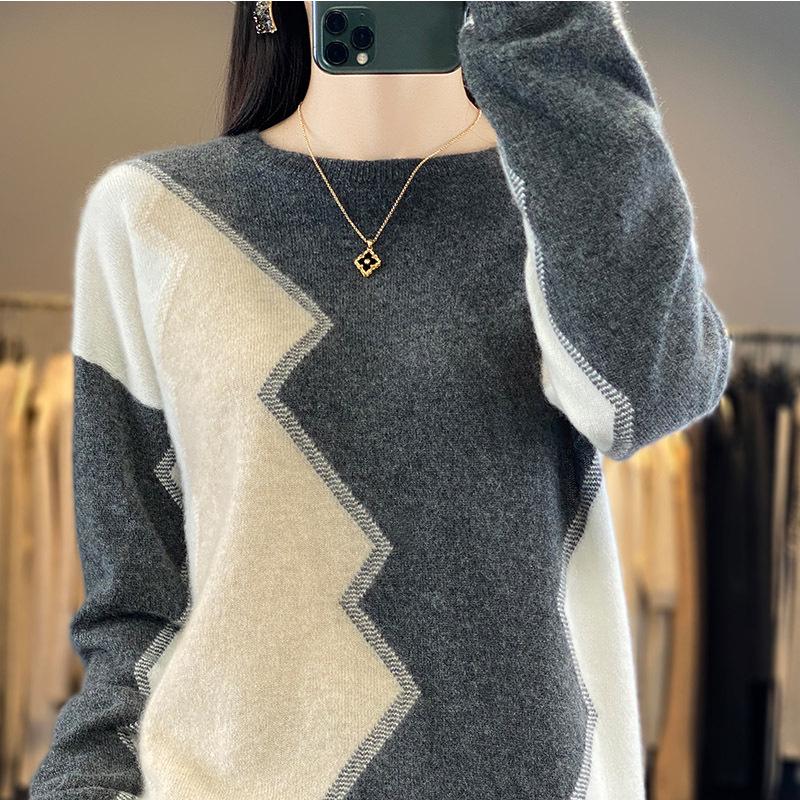 Women's Intarsia Color Block Pure Wool Sweater - Long Sleeve Half-High Neck Pullover