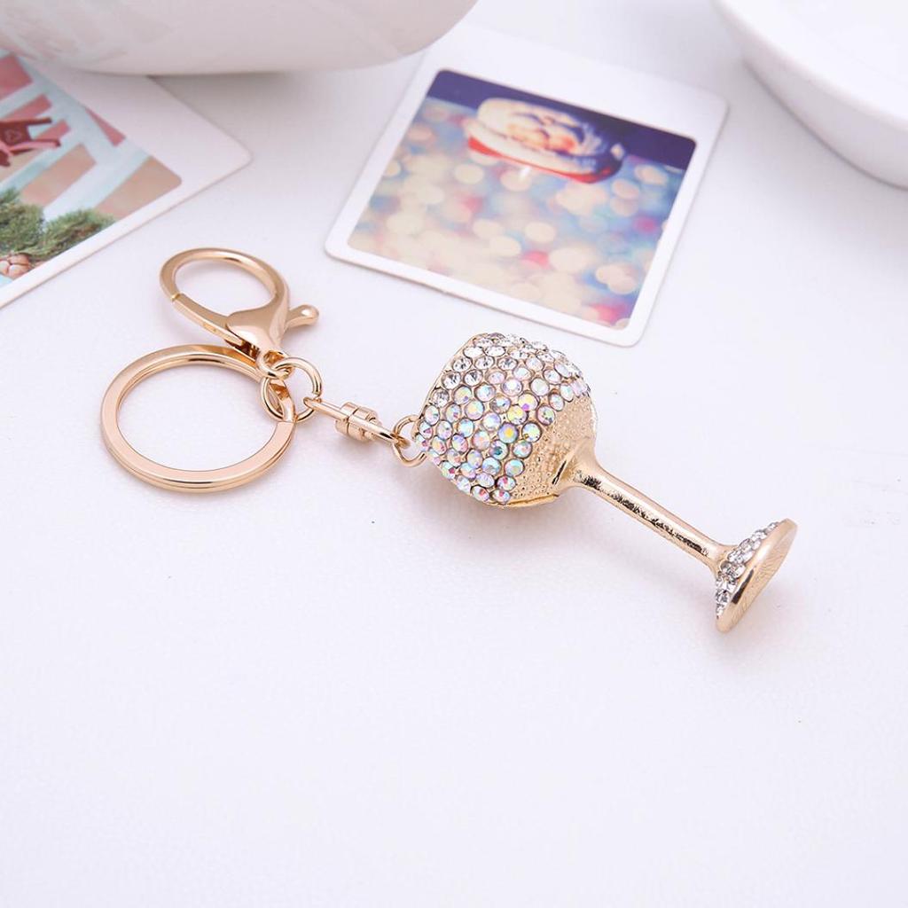 Fashion Shiny Rhinestone Wine Cup Keychain Keyring Decor Bag Key Pendant