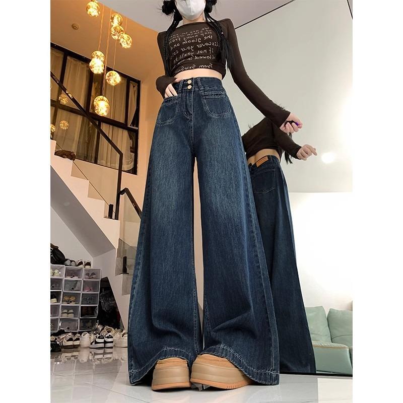 Jeans Women, Autumn and Winter New Velvet High-waisted and Thin Straight Mopping Loose Wide-leg Pants