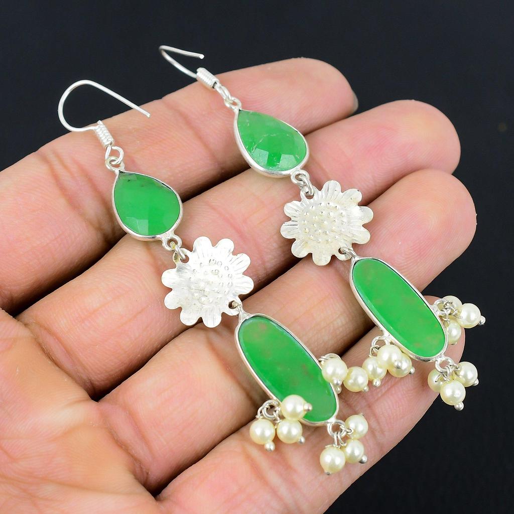 925 Silver Oval Green Kyanite Stone Dangle Drop Ethnic Throat Chakra Earrings
