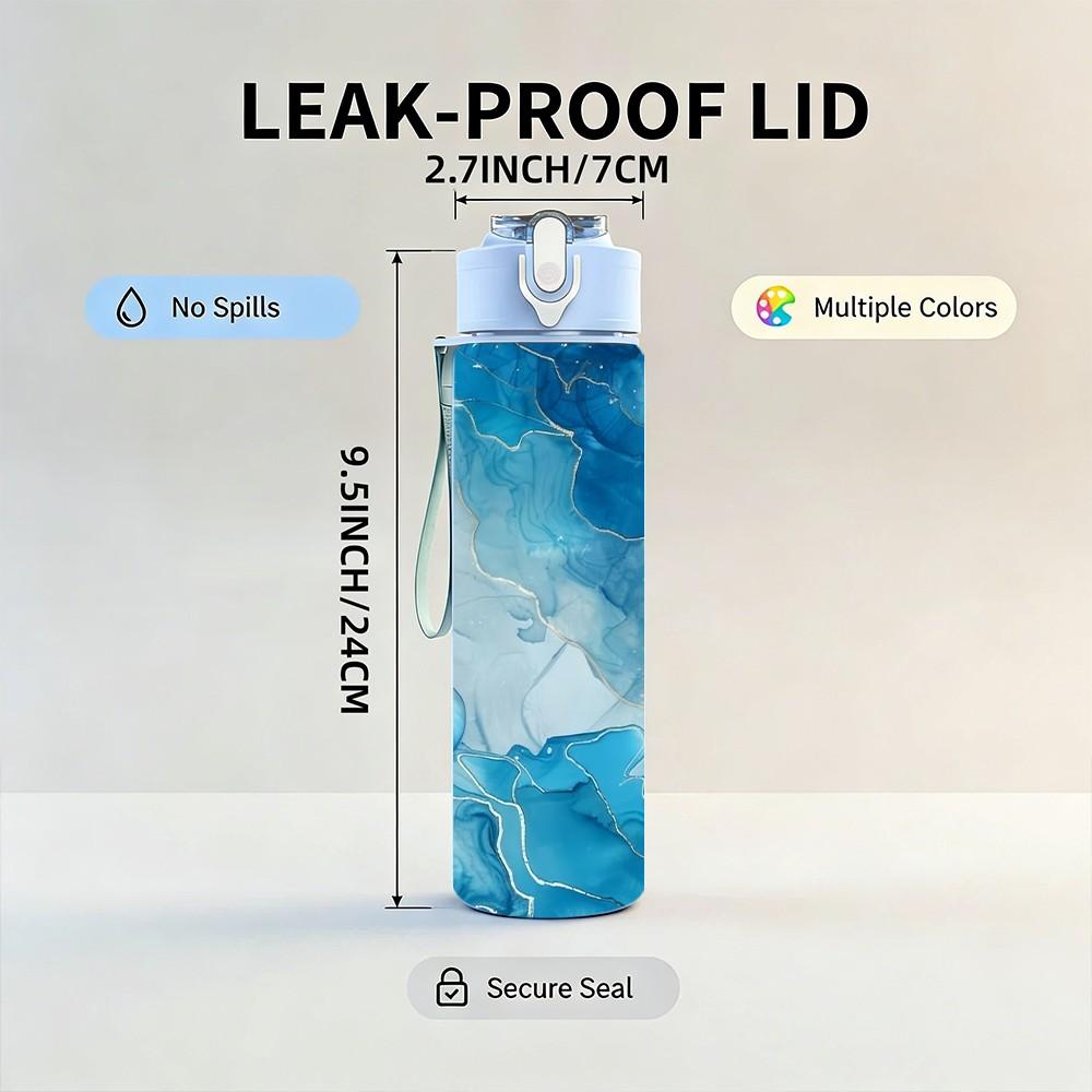 1PC Light Cyan Alcohol Ink Pattern 750ml Color Plastic Sports Water Bottle Leakproof Flip Straw Lid Suitable for Sports Office Home Use
