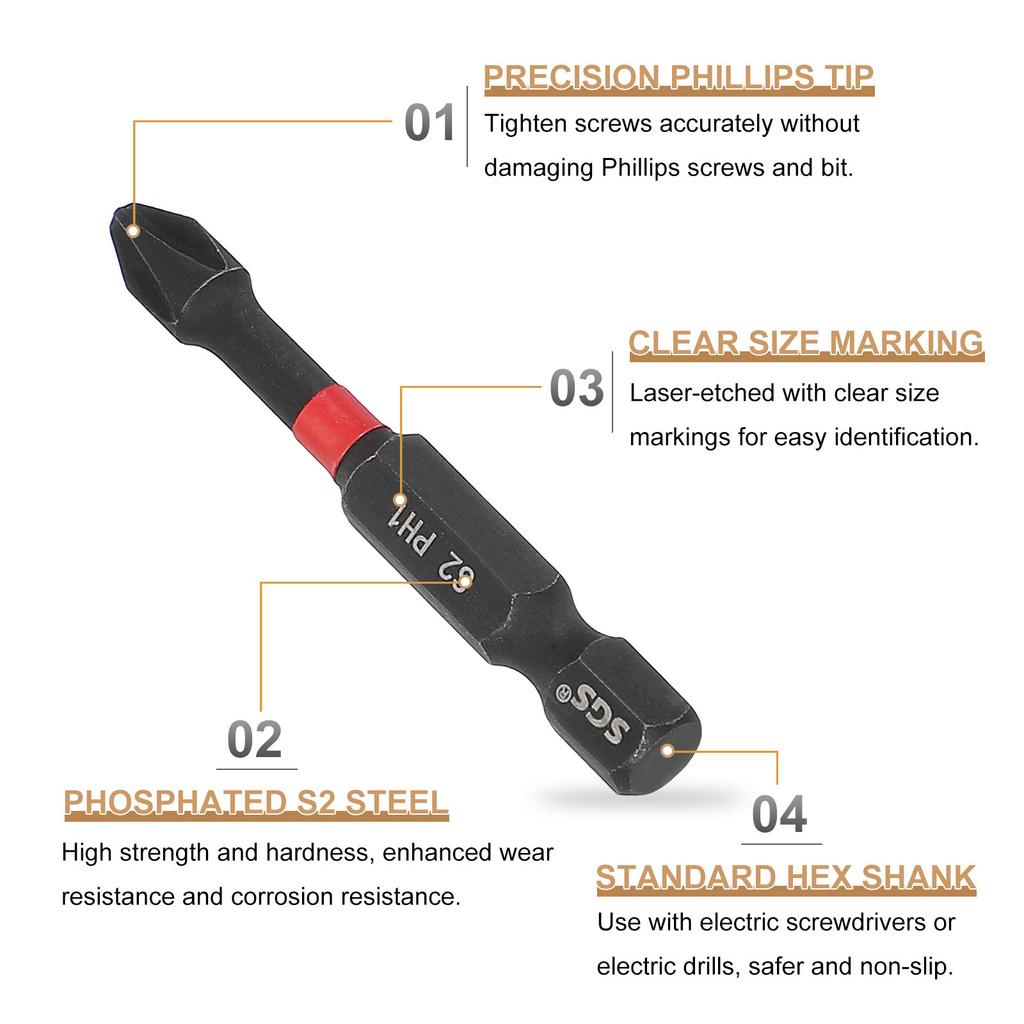 Phillips Impact Screwdriver Bit 1/4" Hex Shank Magnetic Cross Head Drill Bits S2 Steel Screw Driver for Impact Power Drivers