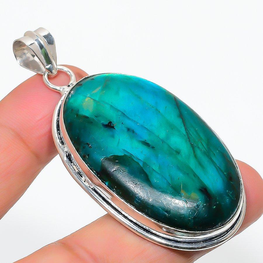 Natural Green Labradorite Gemstone 925 Steling Silver Jewelry Pendant 2.44" AP-17131