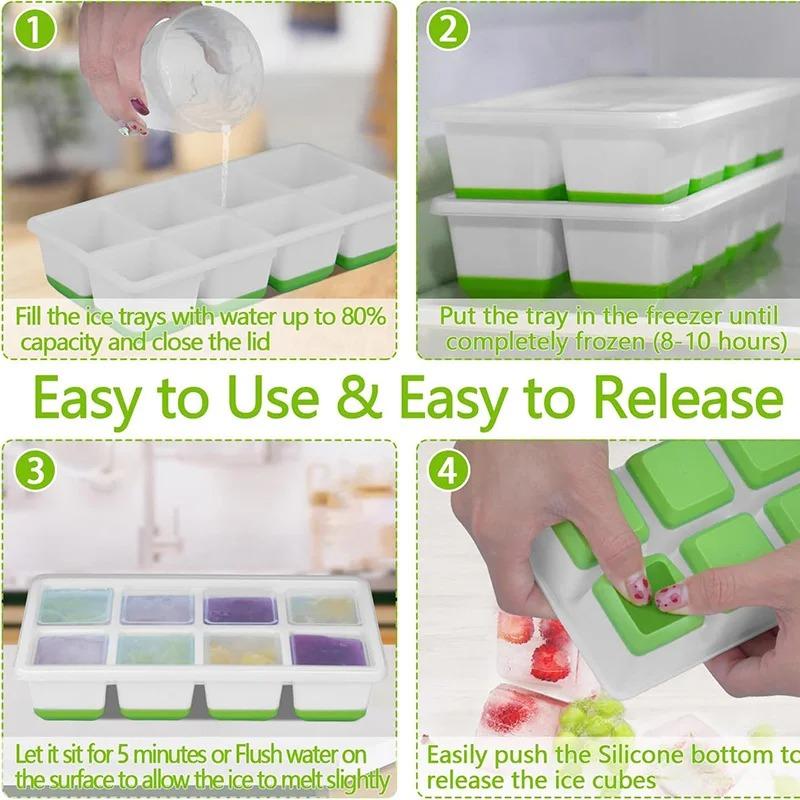 8 Grid Large Ice Tray Silicone Mold Easy-to-release Flexible Ice Cube Mold and Lid Square Mold DIY Ice Machine Ice Cube Tray